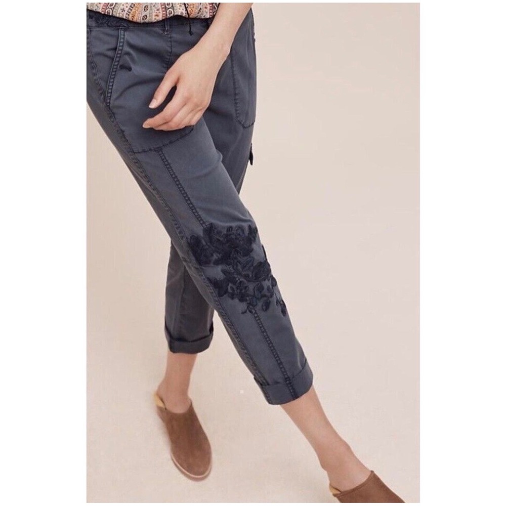 Anthro Hei Hei Wanderer Floral Embroidered Cargo Pants Womens 28 Utility Pockets
